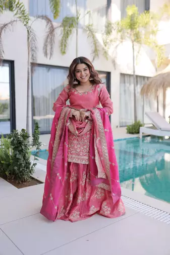 peach cotton kurta sharara set with embroidery