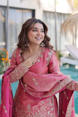 peach cotton kurta sharara set with embroidery 4