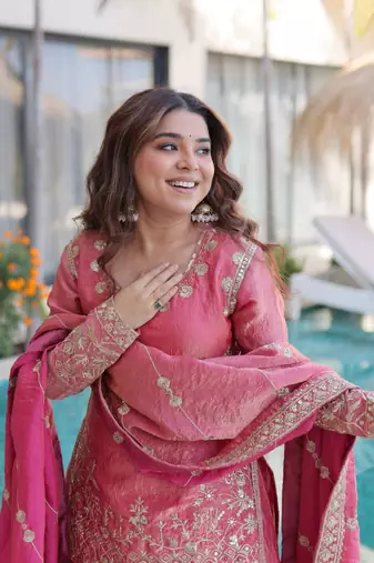 peach cotton kurta sharara set with embroidery
