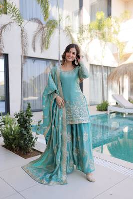 sky blue cotton kurta sharara set with embroidery 1