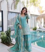 Sky Blue Embroidered Kurta Sharara Set