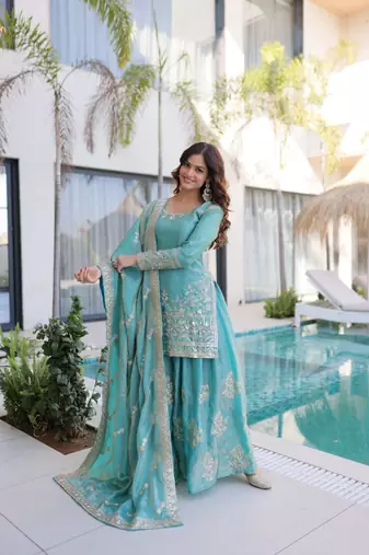 sky blue cotton kurta sharara set with embroidery