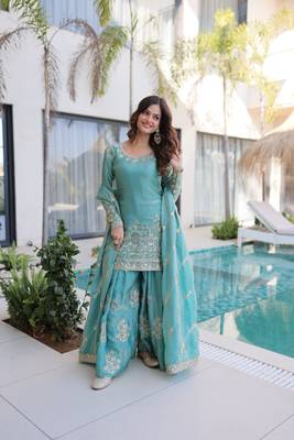 sky blue cotton kurta sharara set with embroidery 3