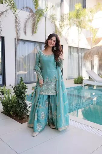 sky blue cotton kurta sharara set with embroidery