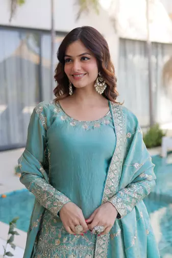 sky blue cotton kurta sharara set with embroidery