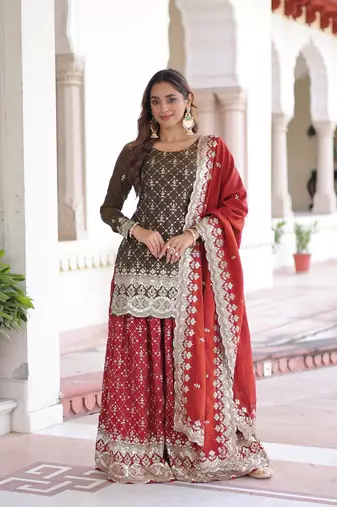 Vichitra Silk Embroidered Kurta Sharara Set