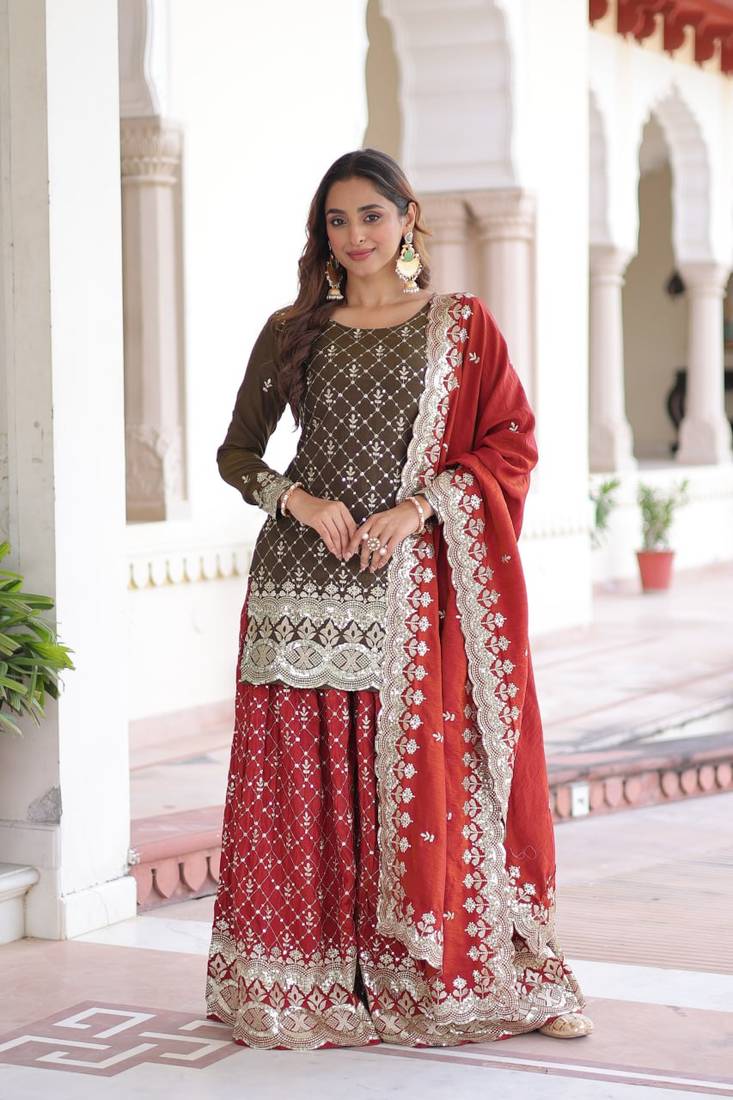Vichitra Silk Embroidered Kurta Sharara Set