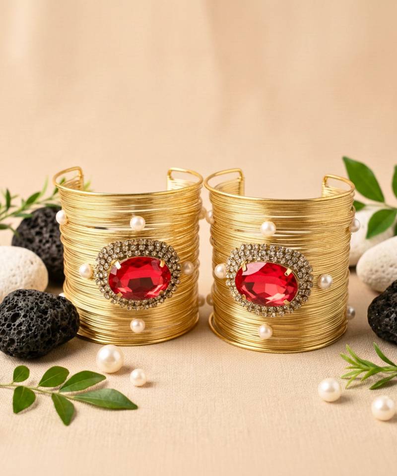 combo of two red crystal cz pearl stone western cuff bracelets bangle
