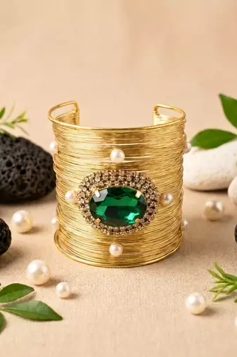 green crystal cz pearl stone fancy western cuff bracelet bangle