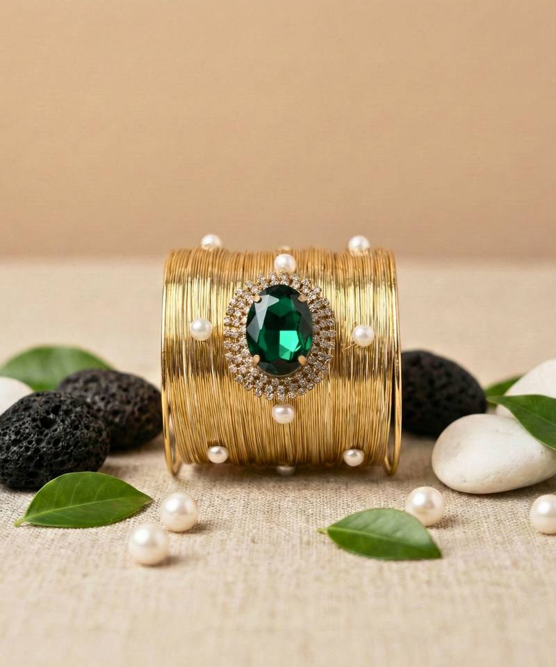 green crystal cz pearl stone fancy western cuff bracelet bangle