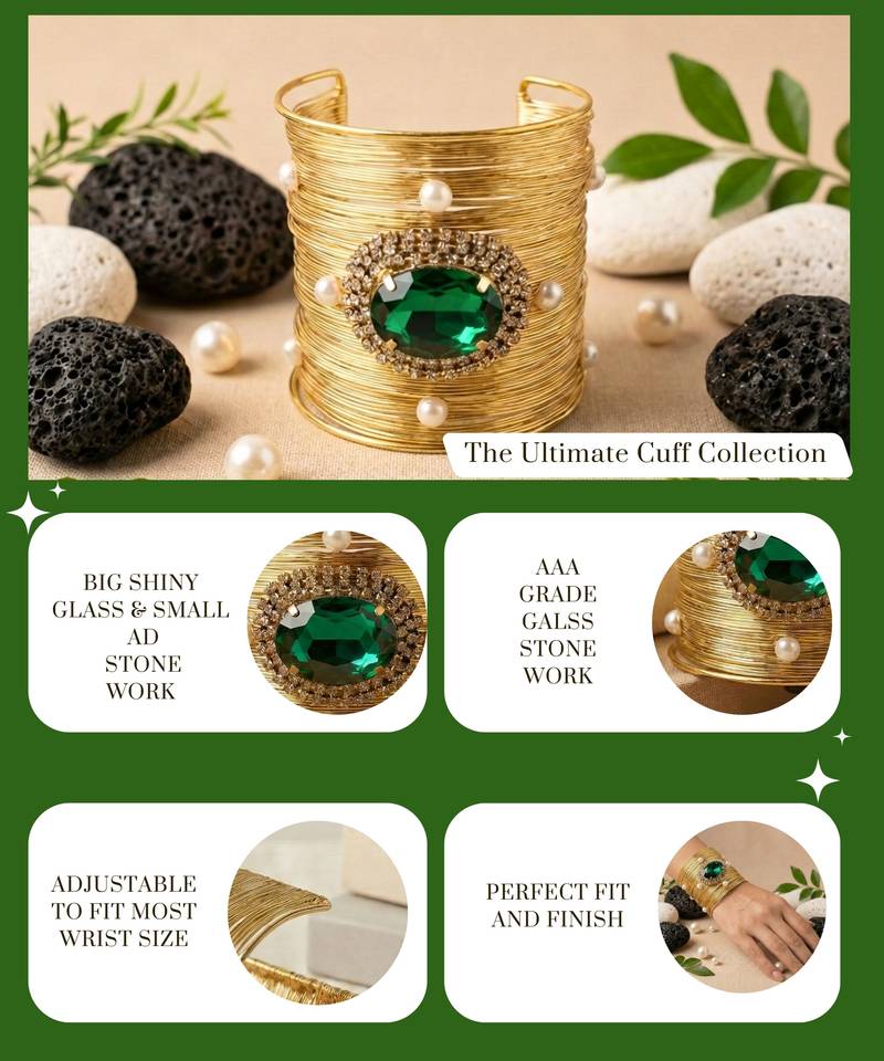 green crystal cz pearl stone fancy western cuff bracelet bangle