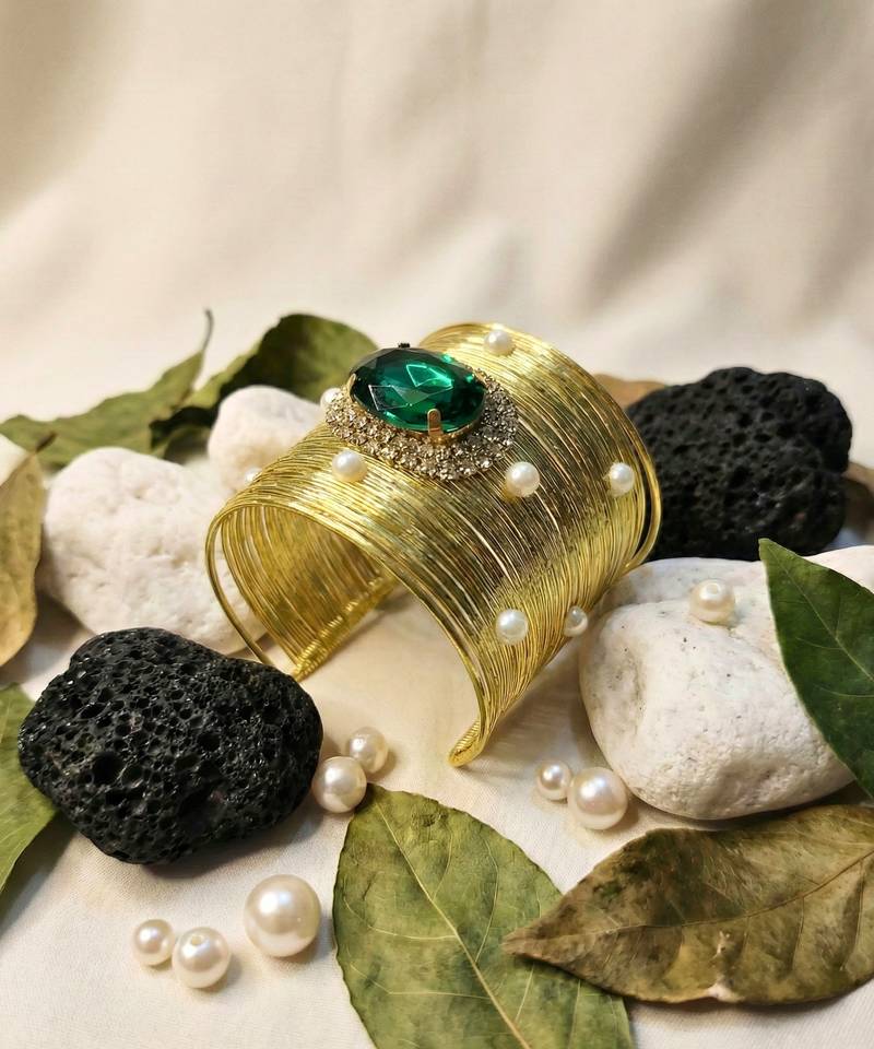 green crystal cz pearl stone fancy western cuff bracelet bangle