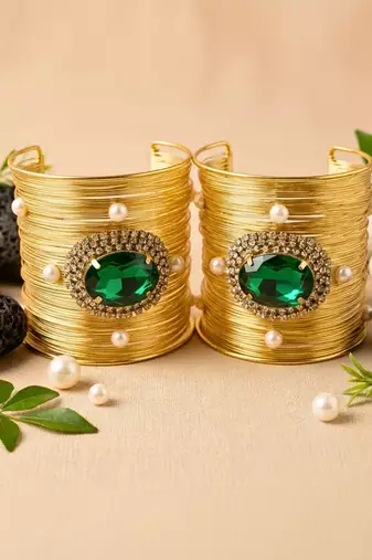 combo of two green crystal cz pearl stone western cuff bracelets bangle