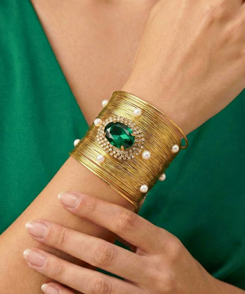 combo of two green crystal cz pearl stone western cuff bracelets bangle