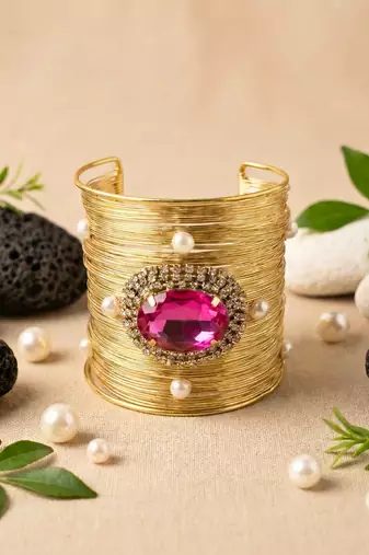 hot rani pink crystal cz pearl stone fancy western cuff bracelet bangle