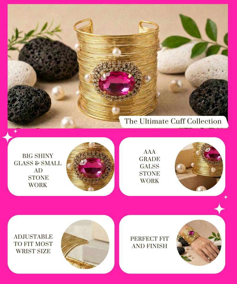 hot rani pink crystal cz pearl stone fancy western cuff bracelet bangle