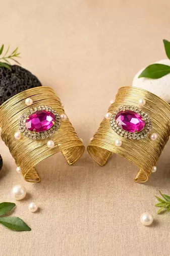 combo of two hot rani pink crystal cz pearl stone western cuff bracelets bangle