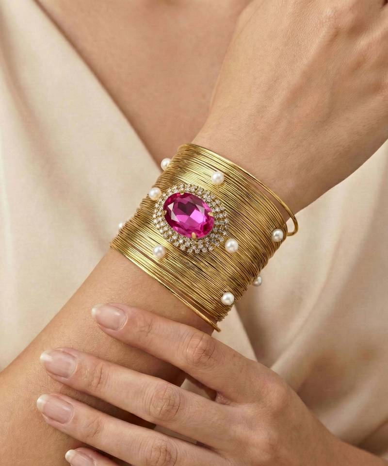 combo of two hot rani pink crystal cz pearl stone western cuff bracelets bangle