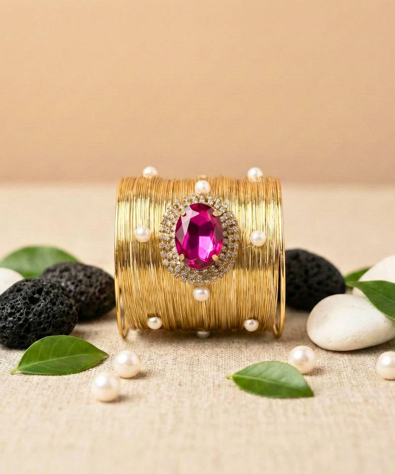 combo of two hot rani pink crystal cz pearl stone western cuff bracelets bangle