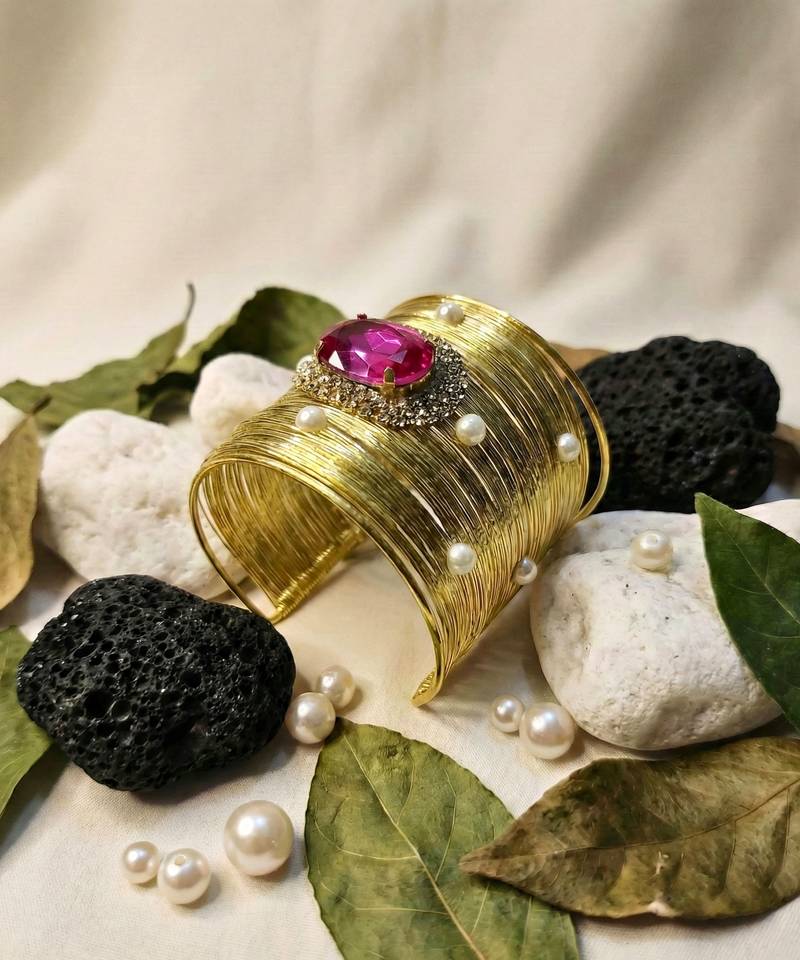 combo of two hot rani pink crystal cz pearl stone western cuff bracelets bangle