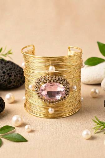 pink metal bracelet bangle with crystal pearl work