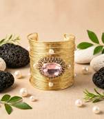 pink crystal cz  pearl stone fancy floral cuff bracelet bangle