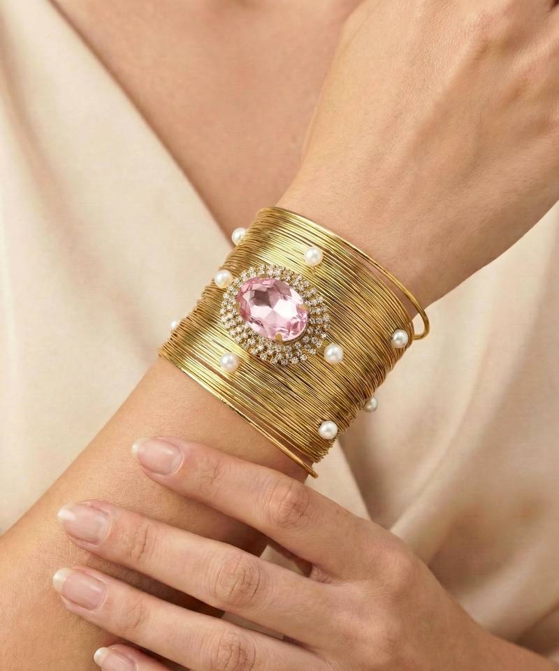 pink crystal cz  pearl stone fancy floral cuff bracelet bangle