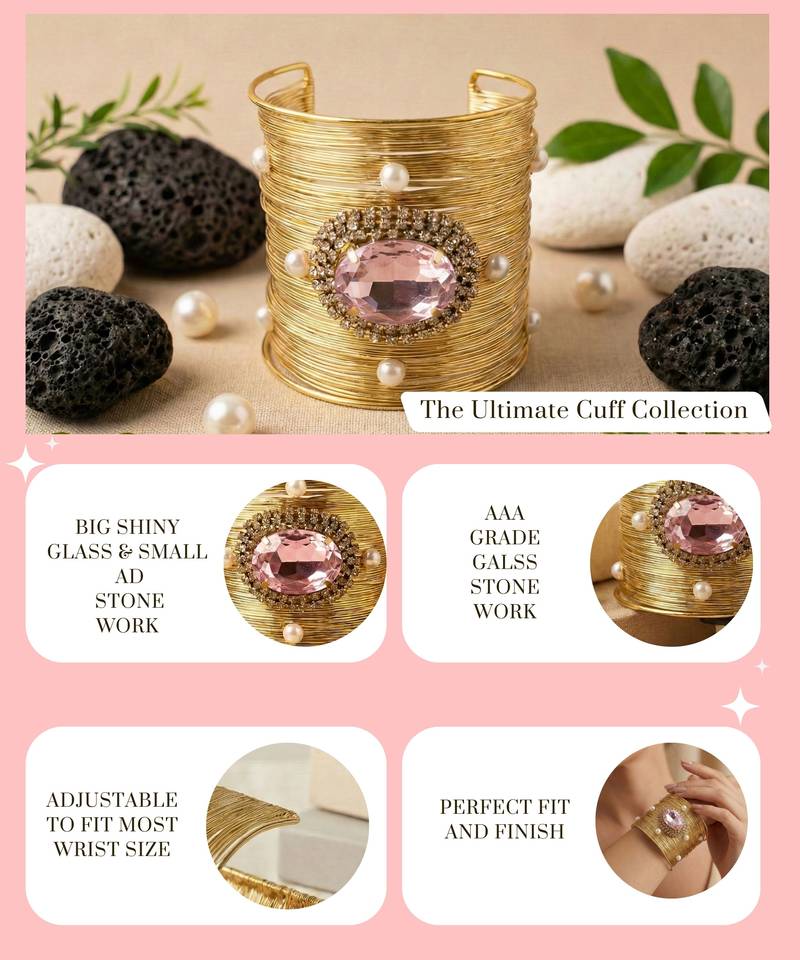 pink crystal cz  pearl stone fancy floral cuff bracelet bangle