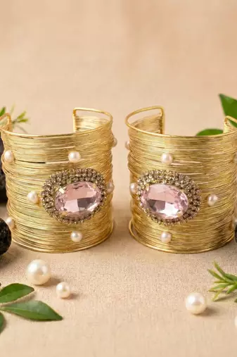combo of two pink crystal cz pearl stone floral cuff bracelets bangle