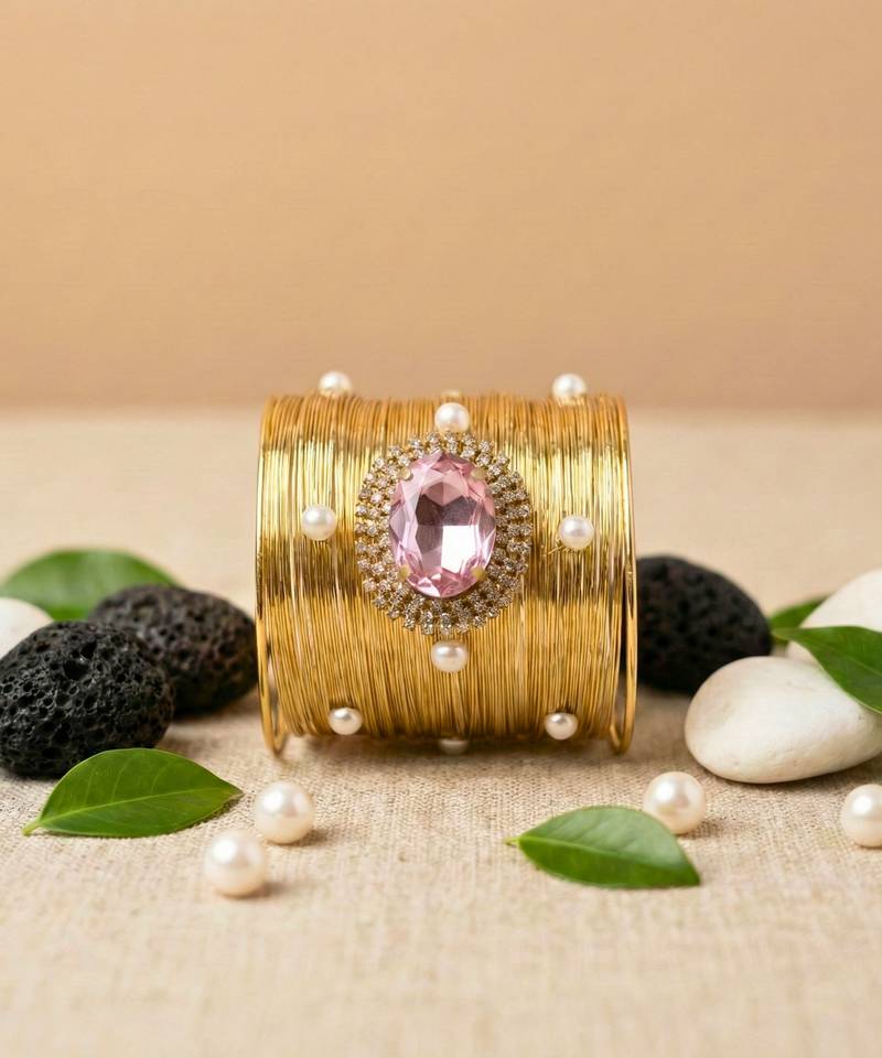 combo of two pink crystal cz pearl stone floral cuff bracelets bangle