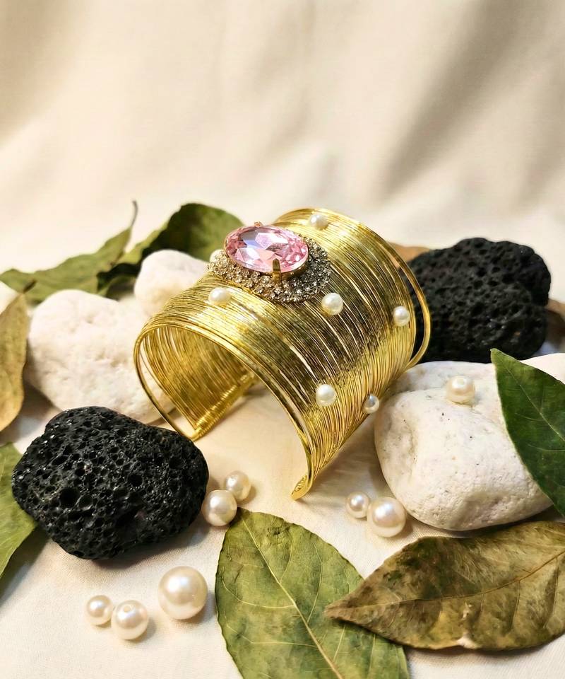 combo of two pink crystal cz pearl stone floral cuff bracelets bangle