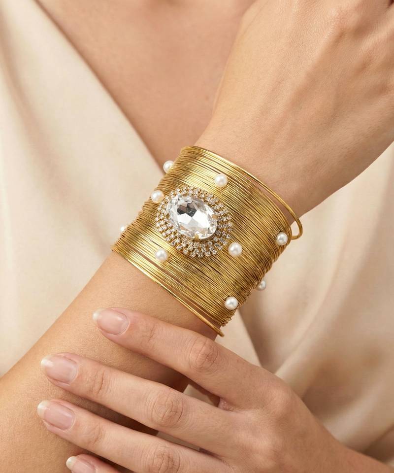 white crystal cz  pearl stone fancy floral cuff bracelet bangle