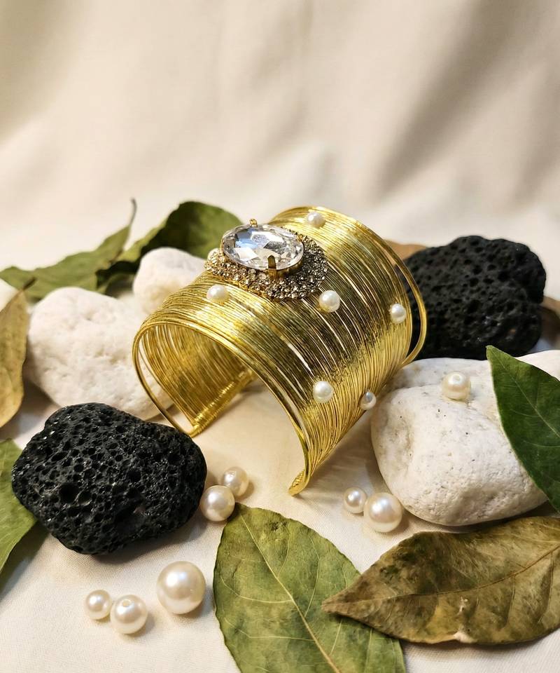 white crystal cz  pearl stone fancy floral cuff bracelet bangle