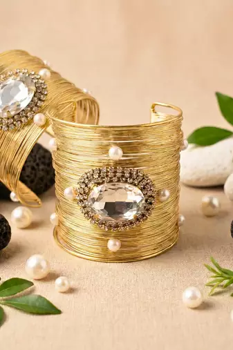 combo of two white crystal cz pearl stone floral cuff bracelets bangle