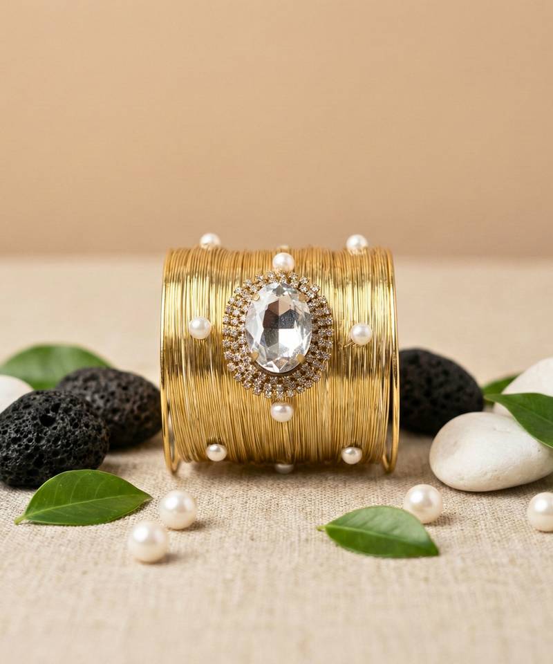 combo of two white crystal cz pearl stone floral cuff bracelets bangle