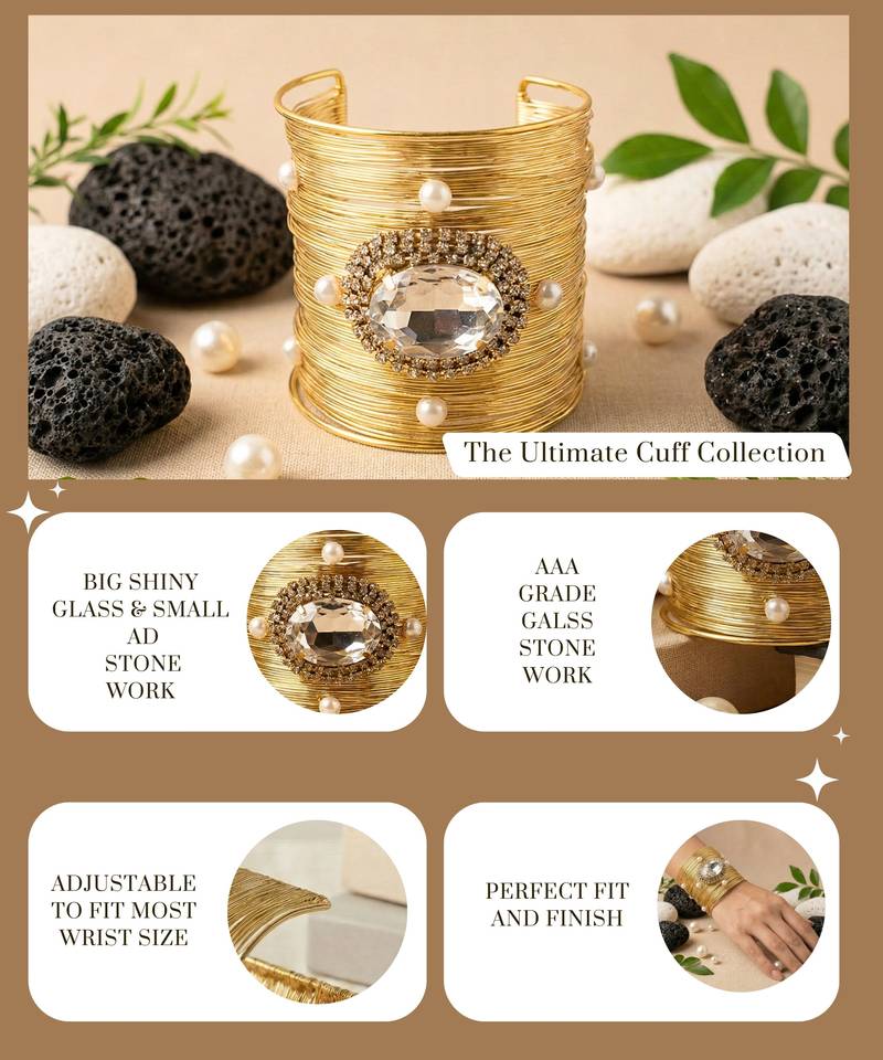 combo of two white crystal cz pearl stone floral cuff bracelets bangle