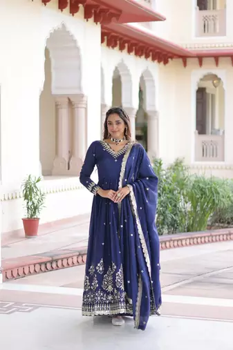 Blue Vichitra silk Embroidered Gown & Dupatta