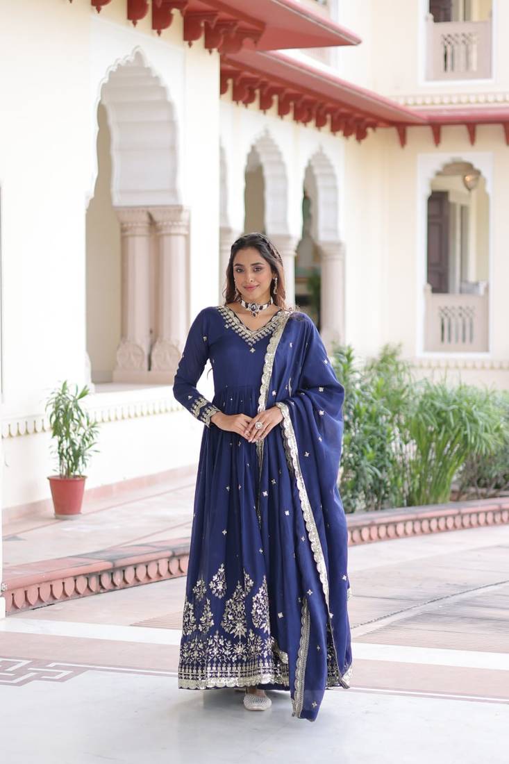 Blue Vichitra silk Embroidered Gown & Dupatta