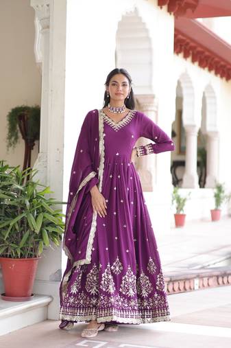 Purple Vichitra Silk Embroidered Gown & Koti