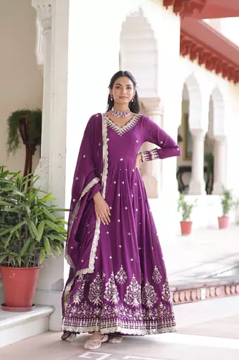Purple Vichitra Silk Embroidered Gown & Koti