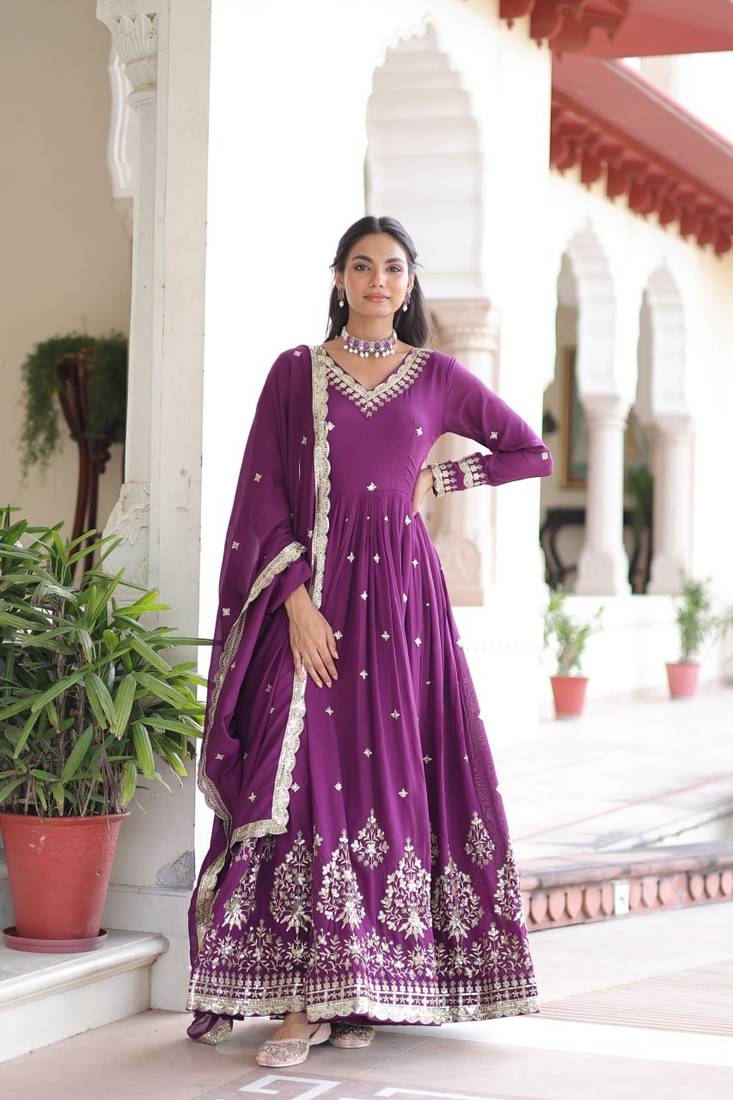 Purple Vichitra Silk Embroidered Gown & Koti
