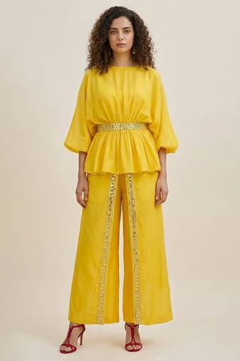 Yellow embroidered satin co ord set