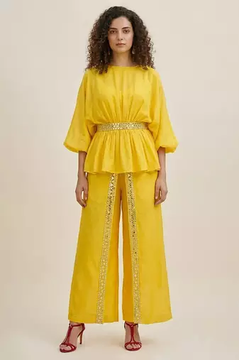 Yellow embroidered satin co ord set