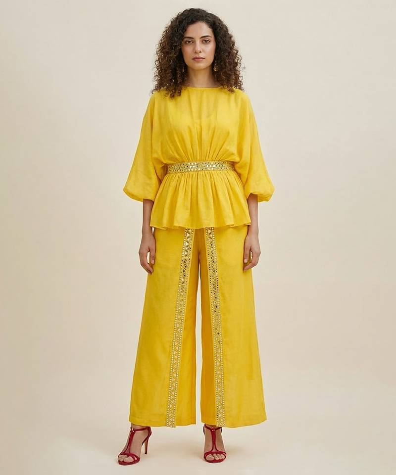 Yellow embroidered satin co ord set
