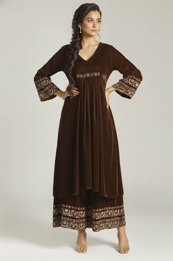 Brown embroidered velvet co ord set