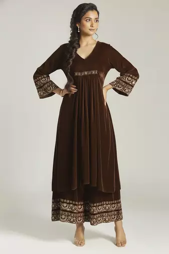 Brown embroidered velvet co ord set