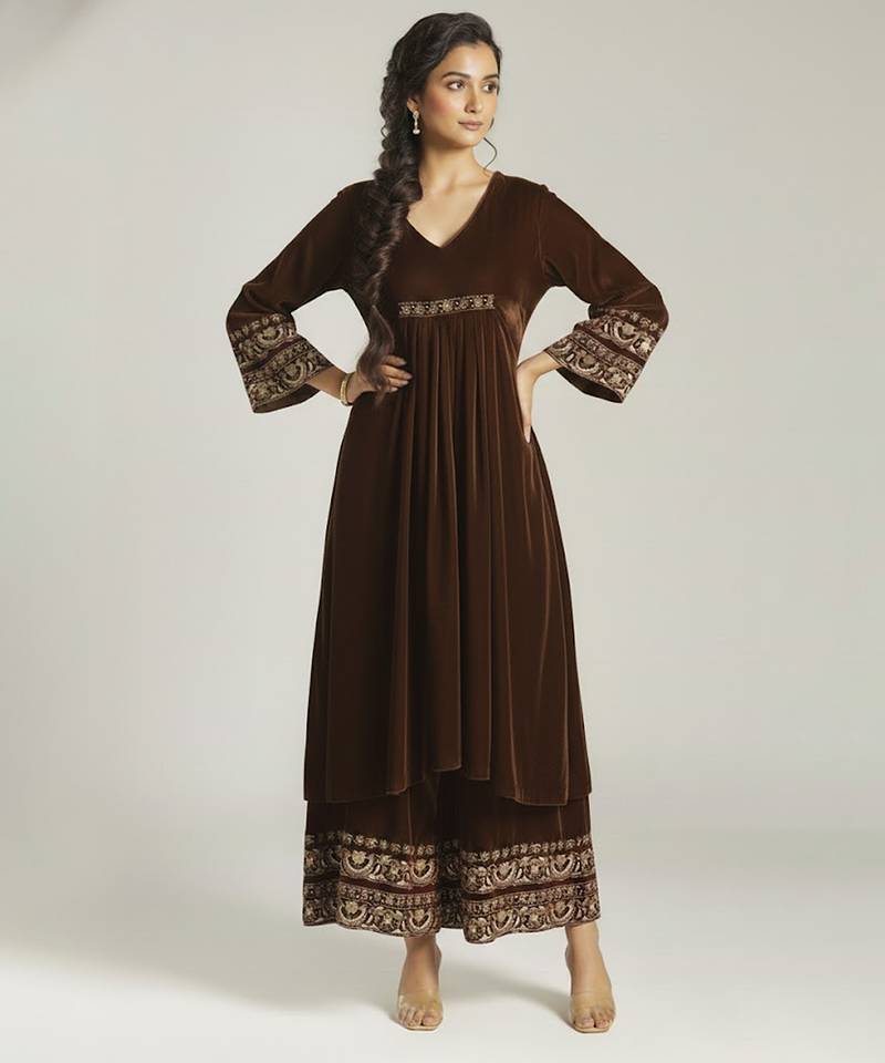 Brown embroidered velvet co ord set