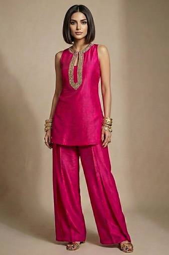 Pink embroidered raw silk co ord set