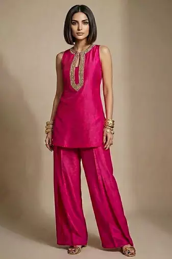 Pink embroidered raw silk co ord set