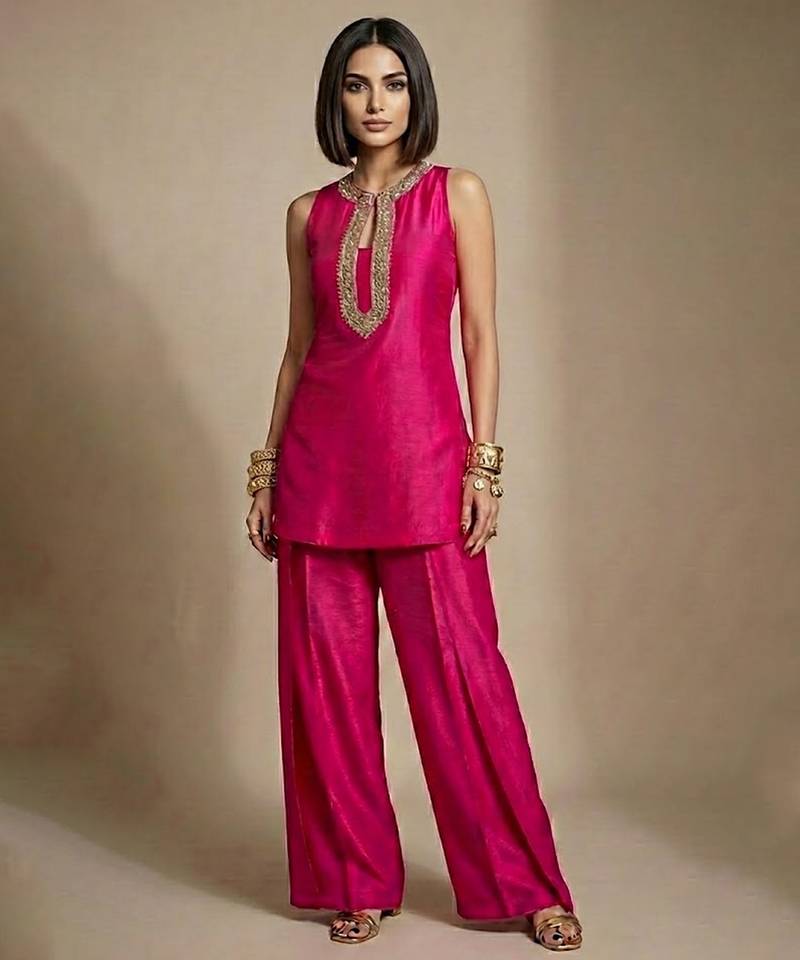 Pink embroidered raw silk co ord set